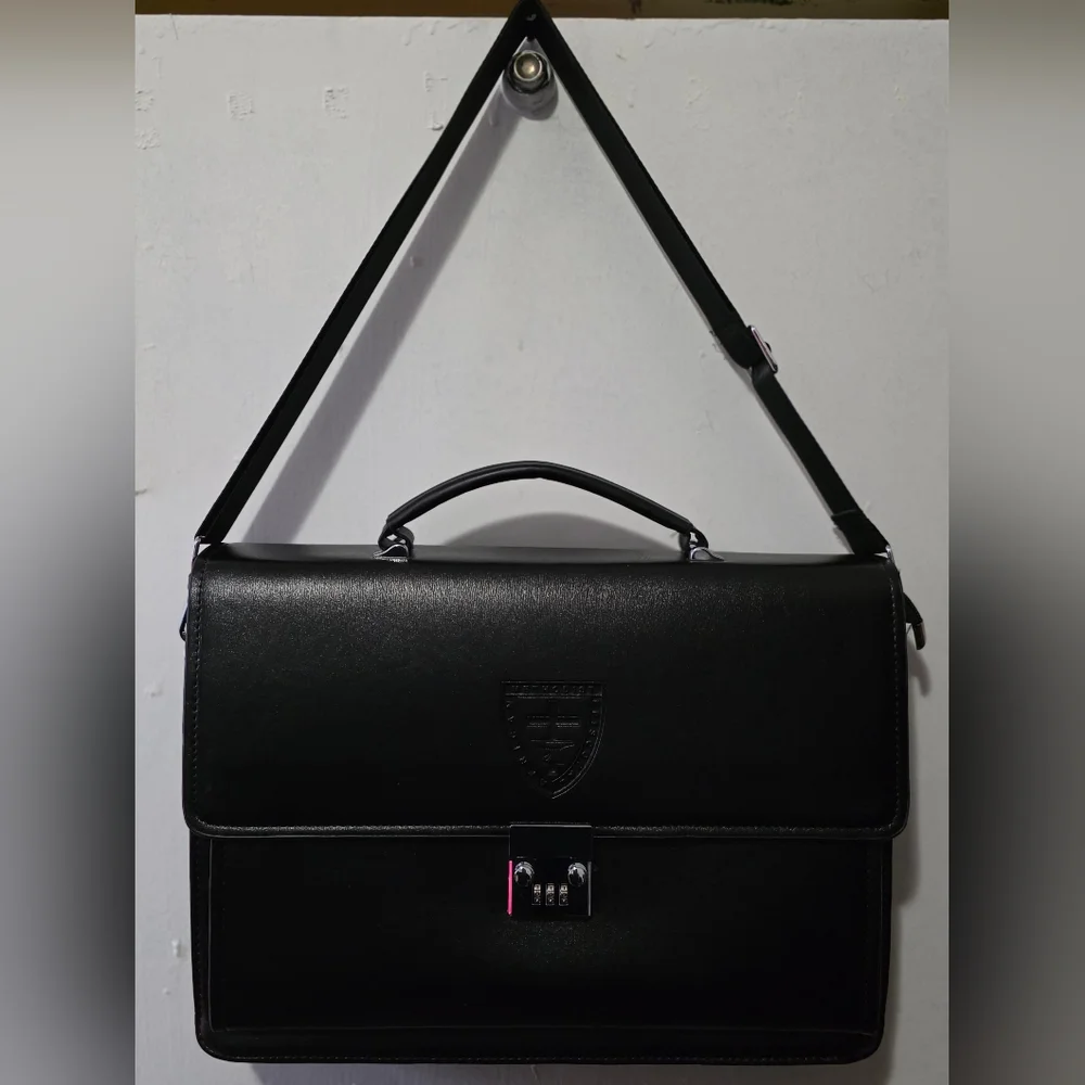 Brief Case Black Leather Men's Bag. 5 Pocket Case. Computer Carrier, Files, Leaf